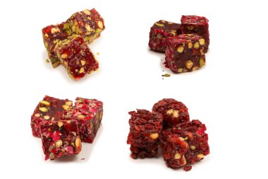 Gül ve fındıklı tatlı rulo, Türk tatlıları. Türk rahat beyaz zemin üzerinde izole.