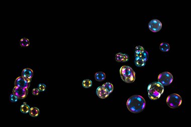 Sabun köpükleri siyah arka planda izole edilmiş. Boşluğu kopyala. 