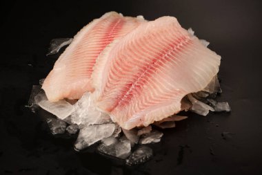 Taze tilapia fileto buzlu, siyah arkaplanda.