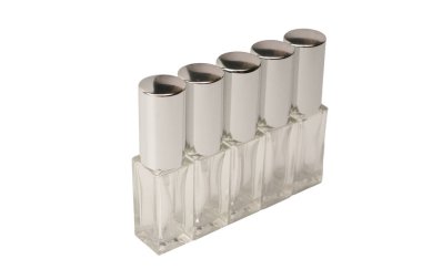 Perfume automiser, perfume transparent glass bottle isolated on a white background. 