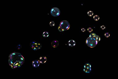 Sabun köpükleri siyah arka planda izole edilmiş. Boşluğu kopyala. 