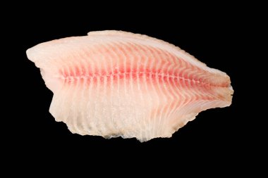 Siyah arkaplanda taze tilapia filetosu, üst görünüm. 