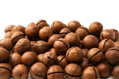 Beyaz arka planda izole edilmiş kabuklu Macadamia fındıkları. Üst görünüm.