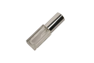 Parfüm otomatörü, parfüm şeffaf cam şişe beyaz arka planda izole. 