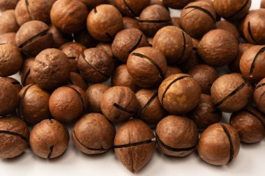 Beyaz arka planda izole edilmiş kabuklu Macadamia fındıkları. Üst görünüm.