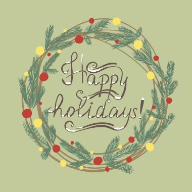 Noel çelengi kartı mutlu tatil mektupları. Vektör illüstrasyonu