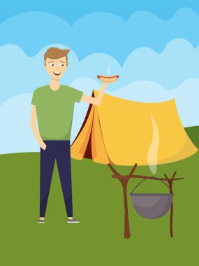 Sosisli, çadır ve kamp ateşiyle kamp yapan genç adam. Vektör illüstrasyonu