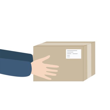 Teslimatçı, kutuyu elinde tutuyor. Teslimat konsepti. Vektör illüstrasyonu