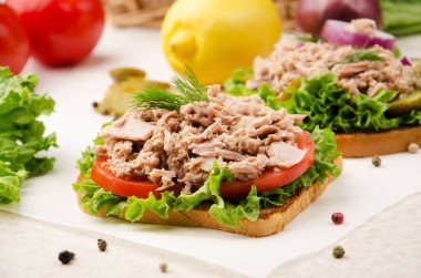 Domatesli ton balıklı sandviç ve parşömen kağıdında soğan.