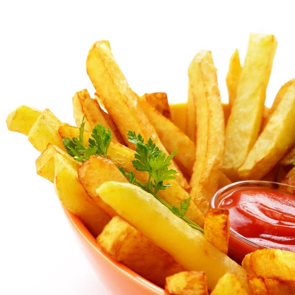 stock image French fries with ketchup over white background