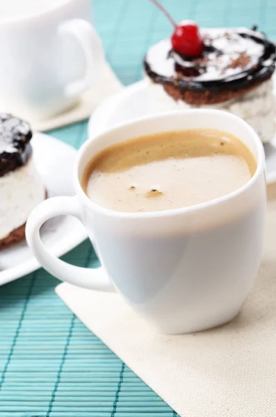 stock image Homemade  cream cherry cake and coffee cup