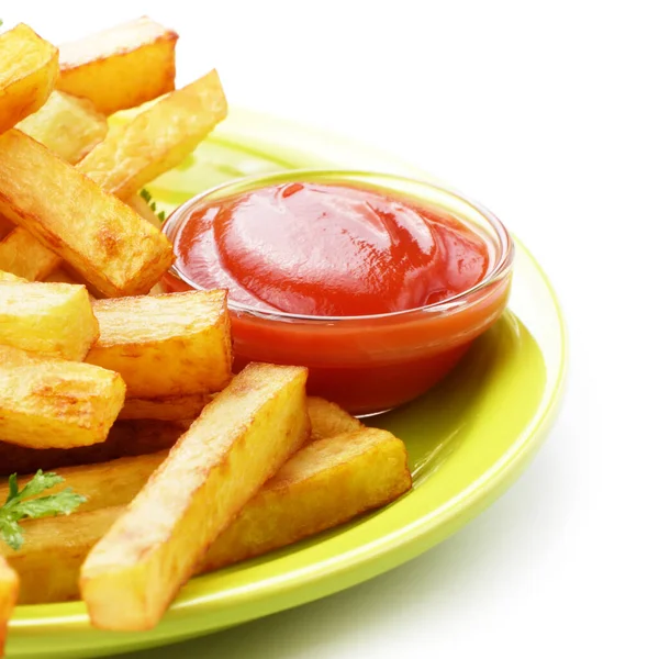 Batatas Fritas Com Ketchup Sobre Fundo Branco — Fotografia de Stock