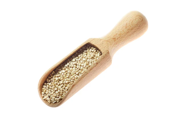 Raw Organic Superfood Gluten Free Quinoa Seeds Wooden Scoop Closeup — Stock Photo, Image