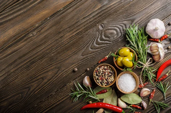 Flat lay Food background frame made of condiments and spices on kitchen table. Cooking concept with copy-space