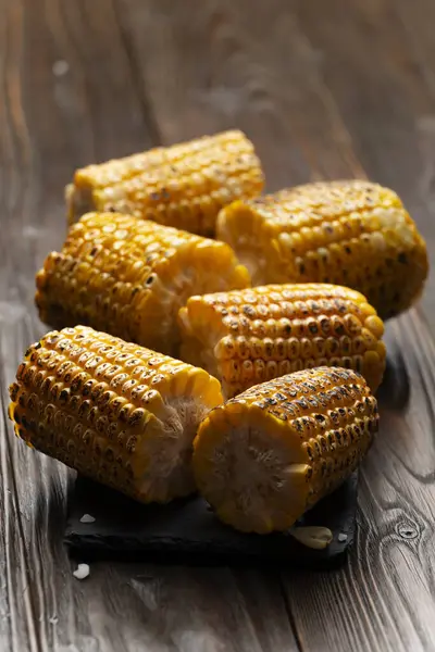 Slate Tray Pieces Grilled Corn Cob Table Healthy Food Background Stok Foto