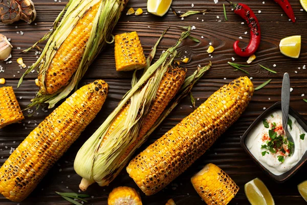 Grilled Corn Cob Kitchen Wooden Table Flat Lay Background Stock Image