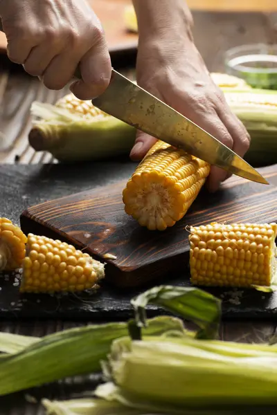 Female Hands Cut Sweetcorn Cobs Cutting Board Low Angle View Stock Picture