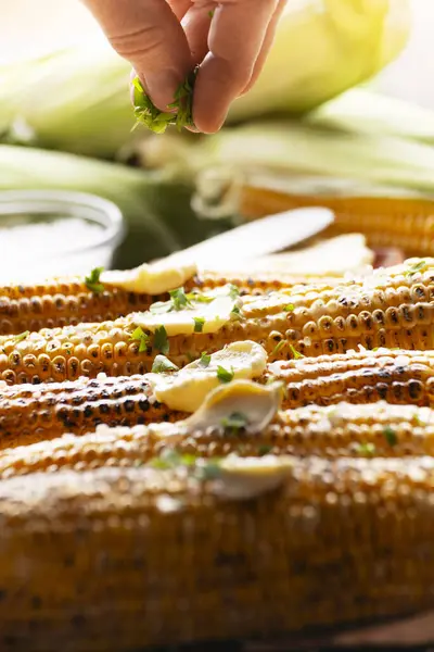 Grilled Sweet Corn Cobs Butter Table Seasoned Cilantro Human Hand Stock Image