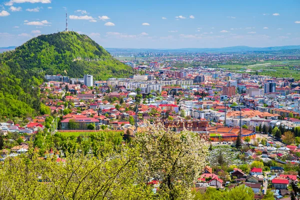 春のルーマニアの小さな都市の空中ビュー 花の木と新鮮な緑の森 — ストック写真