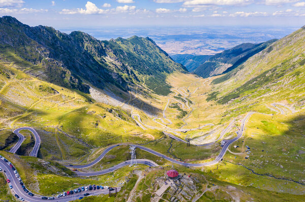 Transfagarasan mountain road, aerial summer landscape in Romanian Carpathians.