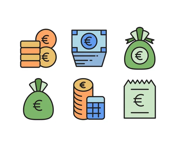 Pièces Billets Icônes Financement Euros — Image vectorielle