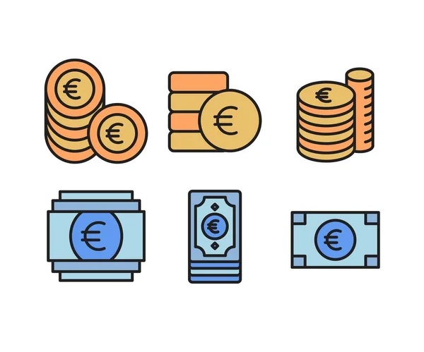 Monete Banconote Icone Della Finanza Euro — Vettoriale Stock