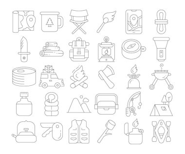 kamp ekipmanı simgeleri vektör illüstrasyonunu ayarla