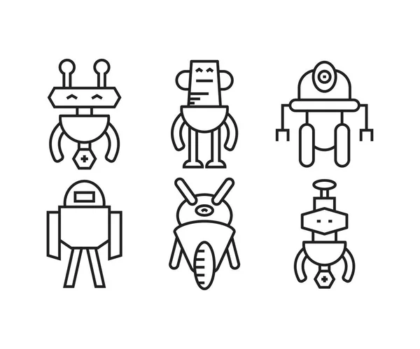 Desenho Animado Ícones Robô Conjunto Linha Ilustração — Vetor de Stock