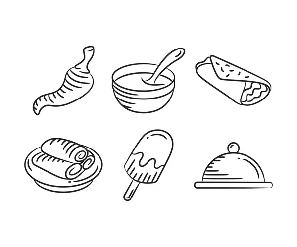 Szkic Ręcznie Rysowane Papryka Miska Zupy Lody Tacos Ilustracja — Wektor stockowy