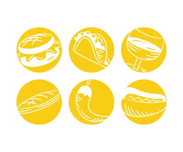 Skizze Von Essen Und Dessert Auf Gelben Knöpfen Illustration — Stockvektor