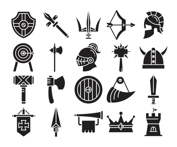 medieval warrior and weapon icons set