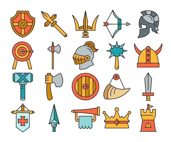 中世纪战士和兵器图标设置 — 图库矢量图片