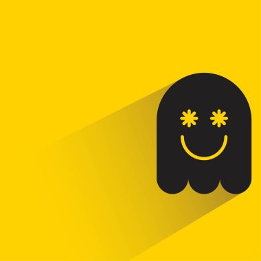 Sarı arka planda gölgesi olan sevimli hayalet emojisi.