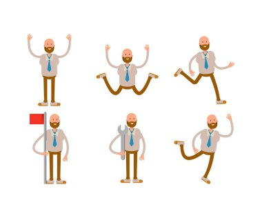 Çeşitli pozlardaki kel iş adamı karakter çizimi yapıyor