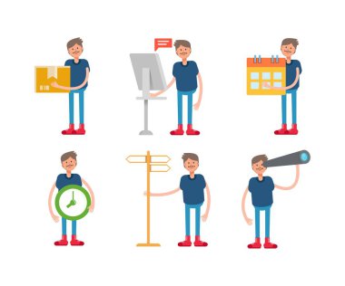 Mavi gömlekli adam farklı pozlardaki karakterler.