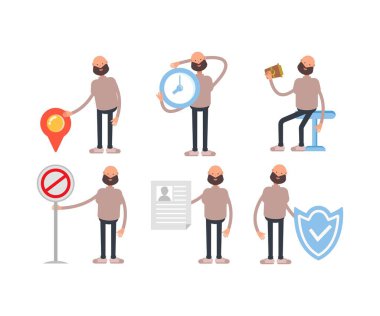 Farklı pozlardaki kel adam karakteri vektör illüstrasyonunu ayarla