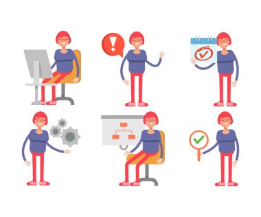 Kırmızı saçlı kadın farklı pozlardaki karakterler.