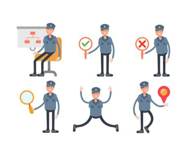 Farklı pozlardaki polis karakterleri vektör illüstrasyonunu ayarlar