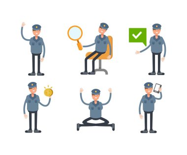 Farklı pozlardaki polis karakterleri vektör illüstrasyonunu ayarlar