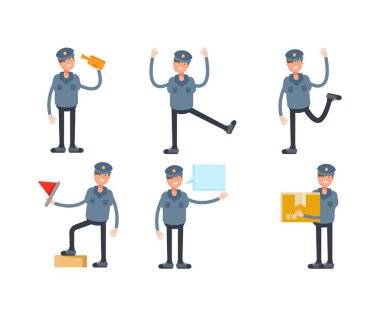 Farklı pozlardaki polis karakterleri vektör illüstrasyonunu ayarlar