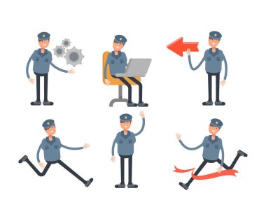 Farklı pozlardaki polis karakterleri vektör illüstrasyonunu ayarlar