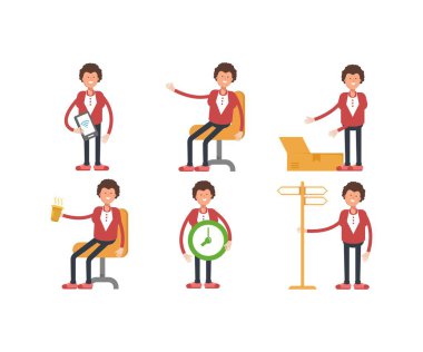 Çeşitli pozlardaki iş adamı karakterleri vektör illüstrasyonu