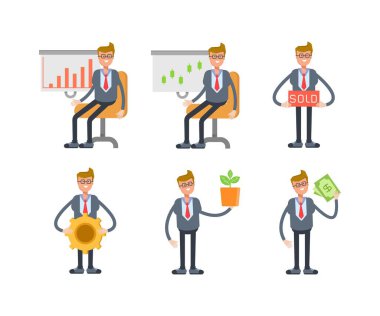 Çeşitli pozlardaki iş adamı karakterleri vektör illüstrasyonu