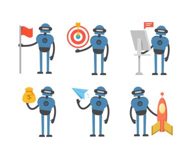 Çeşitli pozlardaki insansı robot karakterler vektör çizimi