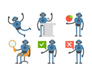 Çeşitli pozlardaki insansı robot karakterler vektör çizimi