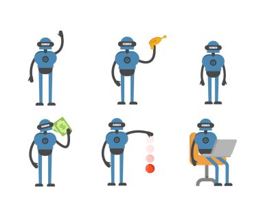 Çeşitli pozlardaki insansı robot karakterler vektör çizimi