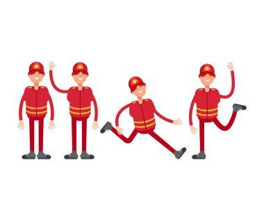 Farklı pozlardaki itfaiyeci karakterleri vektör illüstrasyonunu ayarlar