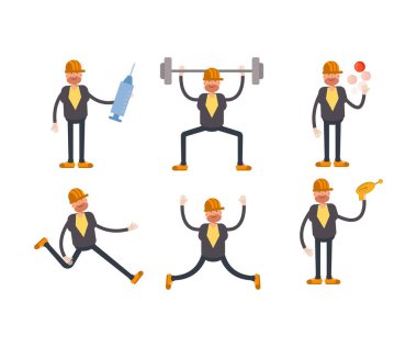 Çeşitli pozlardaki mühendislik karakterleri vektör illüstrasyonu