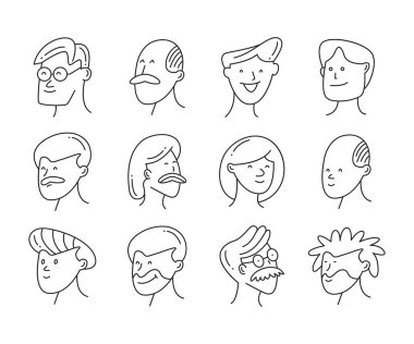 Erkek ve dişi avatarlar karalama çizim vektörü kümesi