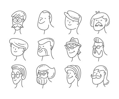 Erkek ve dişi avatarlar karalama çizim vektörü kümesi